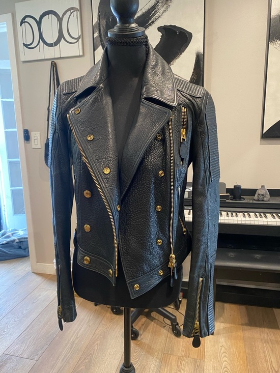 Burberry Jackets & Blazers - Burberry Black Leather Double-Breasted Moto Jacket with Gold Hardware